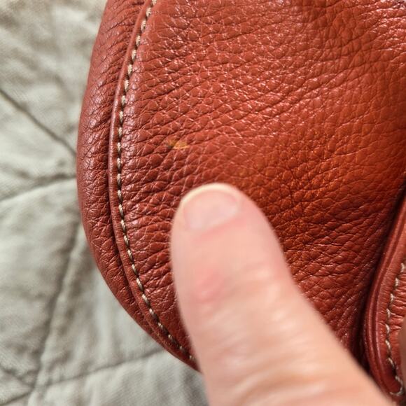 B Makowsky Shoulder Bag Rust Orange Pebbled Leather Silver Leopard Lining READ - Picture 13 of 16